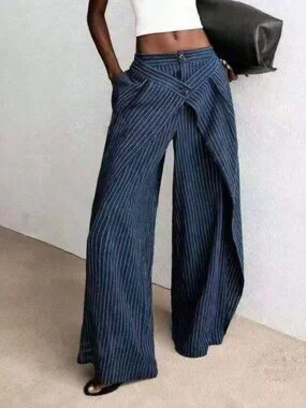 Blue Casual Women's Striped Wrap Front High Waisted Trousers with Pockets